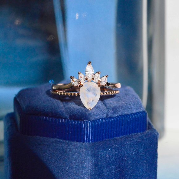Pear Cut Genuine Moonstone Ring- Two Ring Set - Picture 5 of 8
